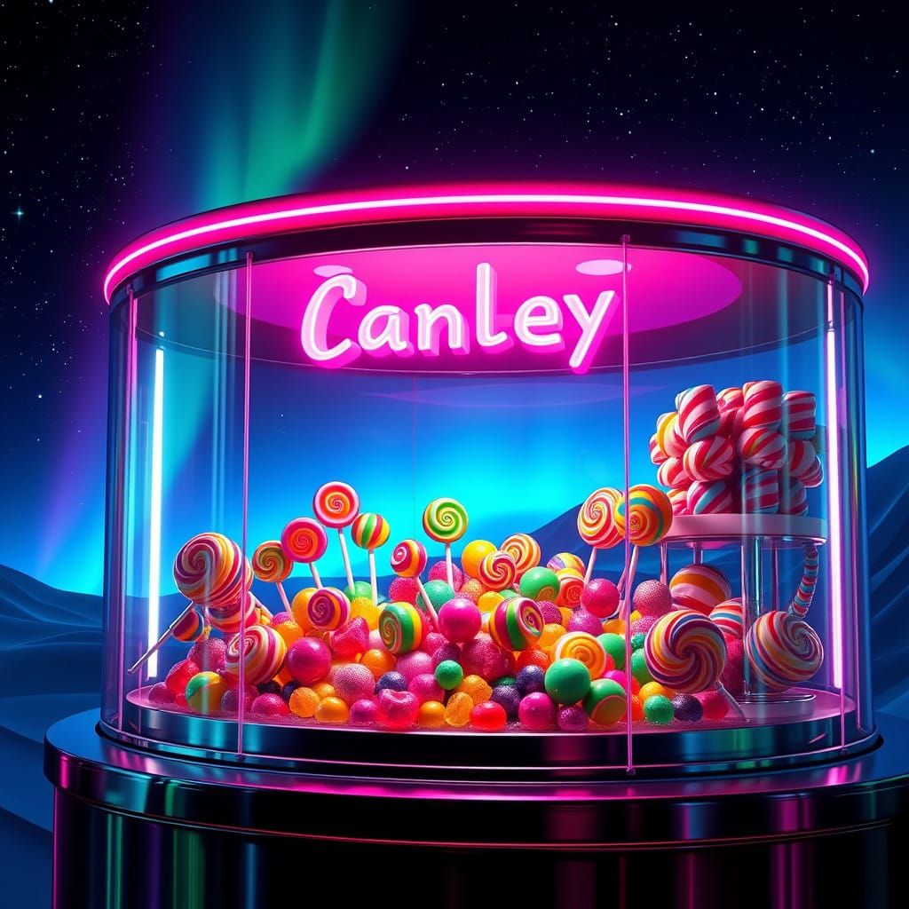 Futuristic Candy Store Vitrine under Starry Night Sky