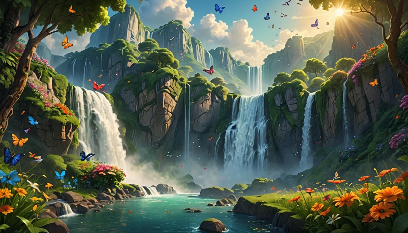 Fairytale Paradise Waterfall in Vibrant 3D Digital Art