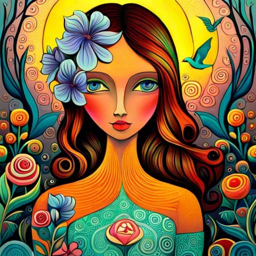 Magical Girl with Birds and Flowers in Magic Realism