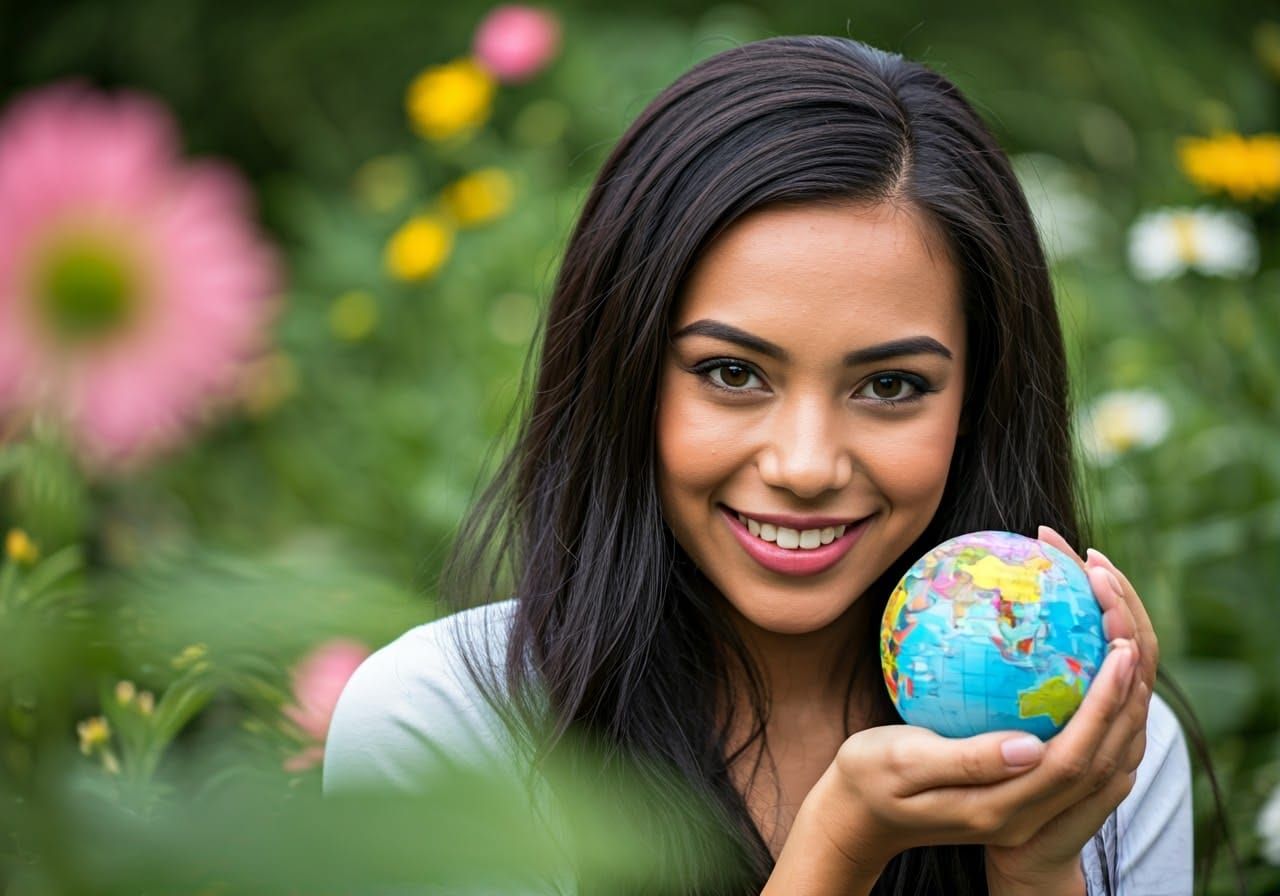 Woman with Globe Surrounded by Flowers: Portrait Photography