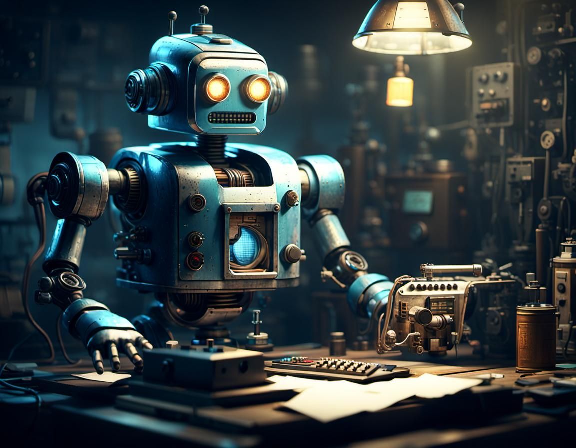 Vintage Robot in Workshop: 3D Game Cinematic Art