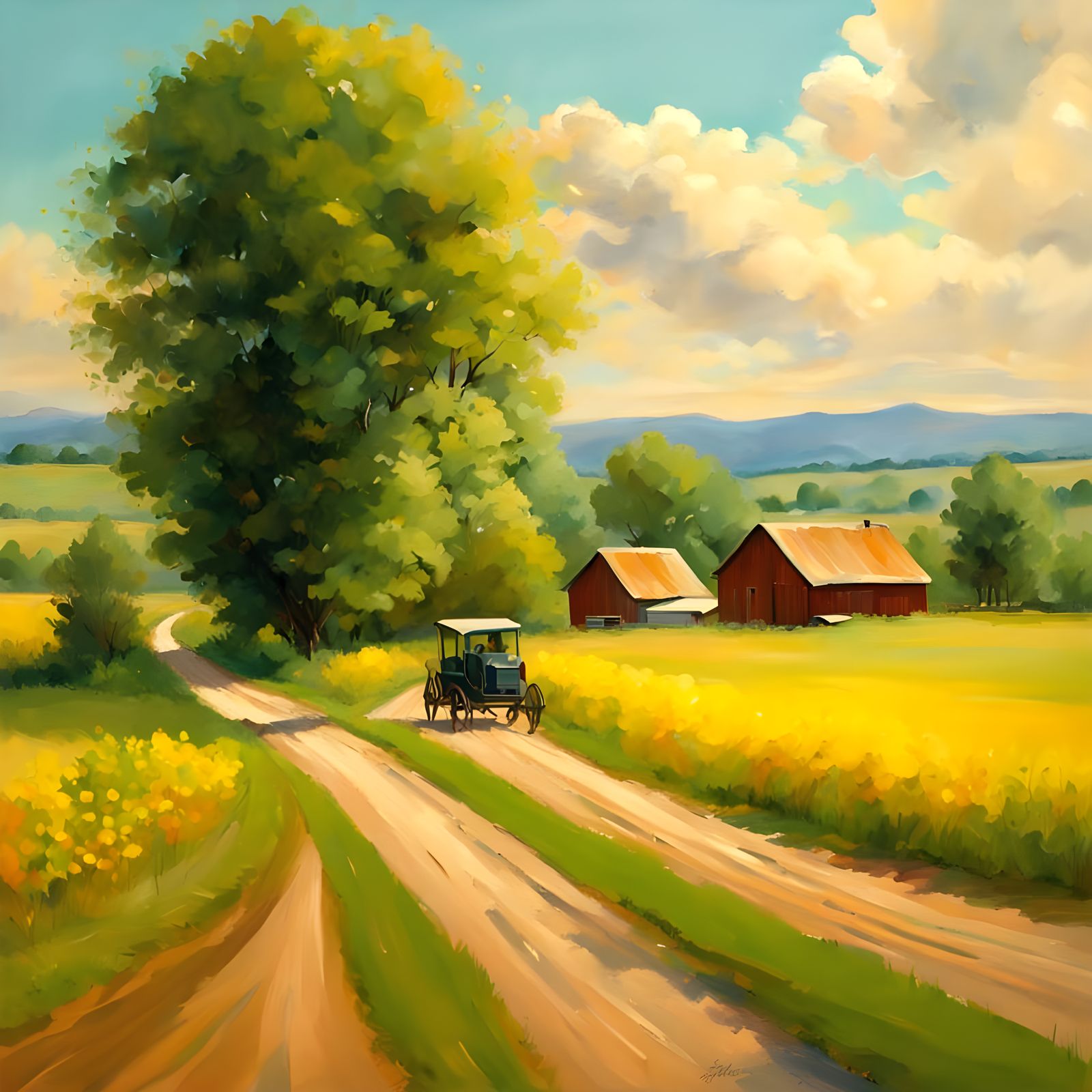 Picturesque Farm Wagon in Sunny Field Landscape