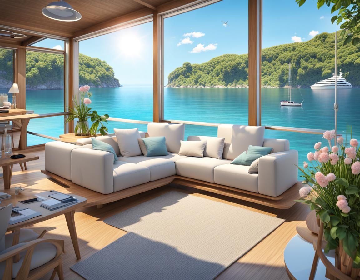 Cozy Beach House Interior with Solar Panel