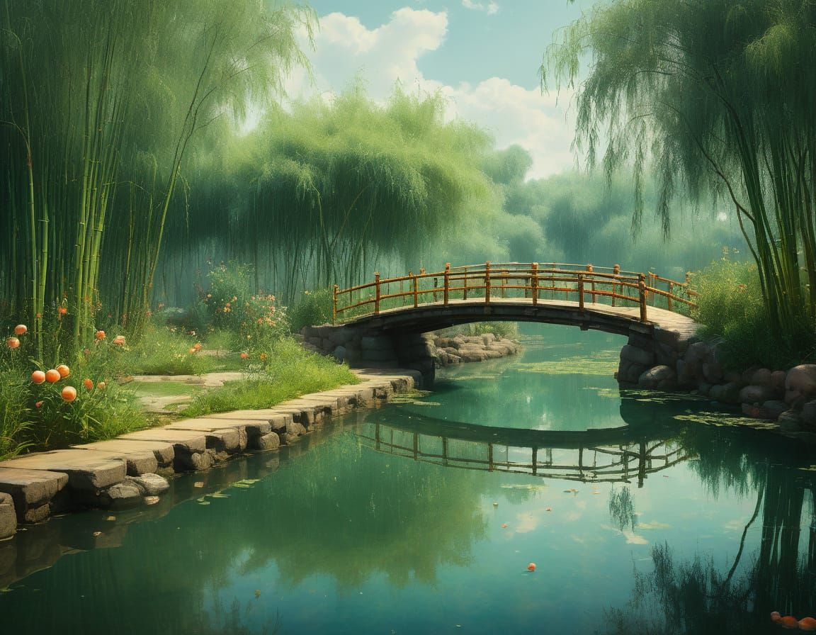 Surreal Peach Orchard with Bamboo and Koi Pond in Ultra Real...