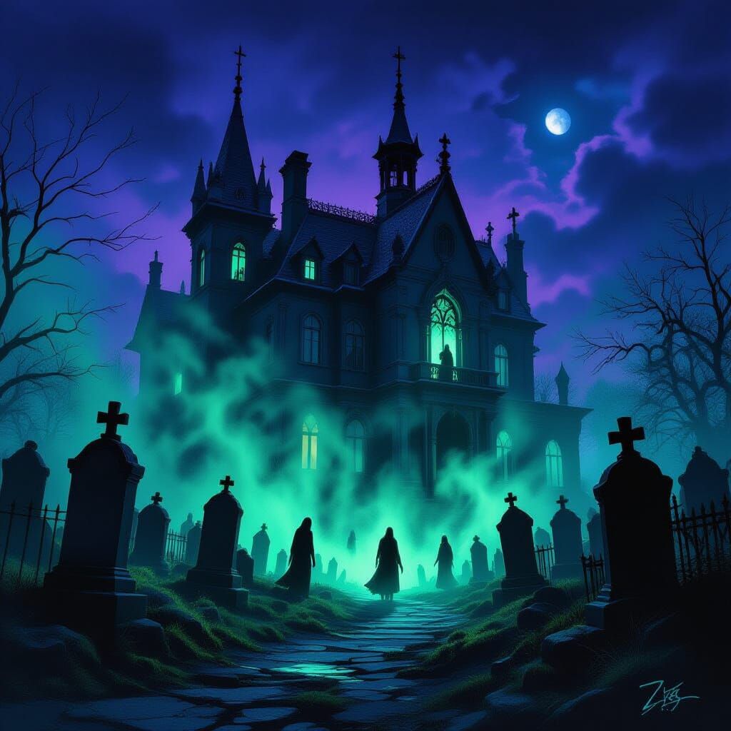 Eerie Gothic Mansion with Spectral Figures at Twilight