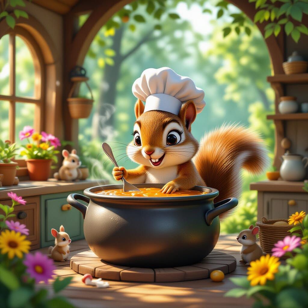 Squirrel Chef Stirring Acorn Stew, Painterly Disney Style