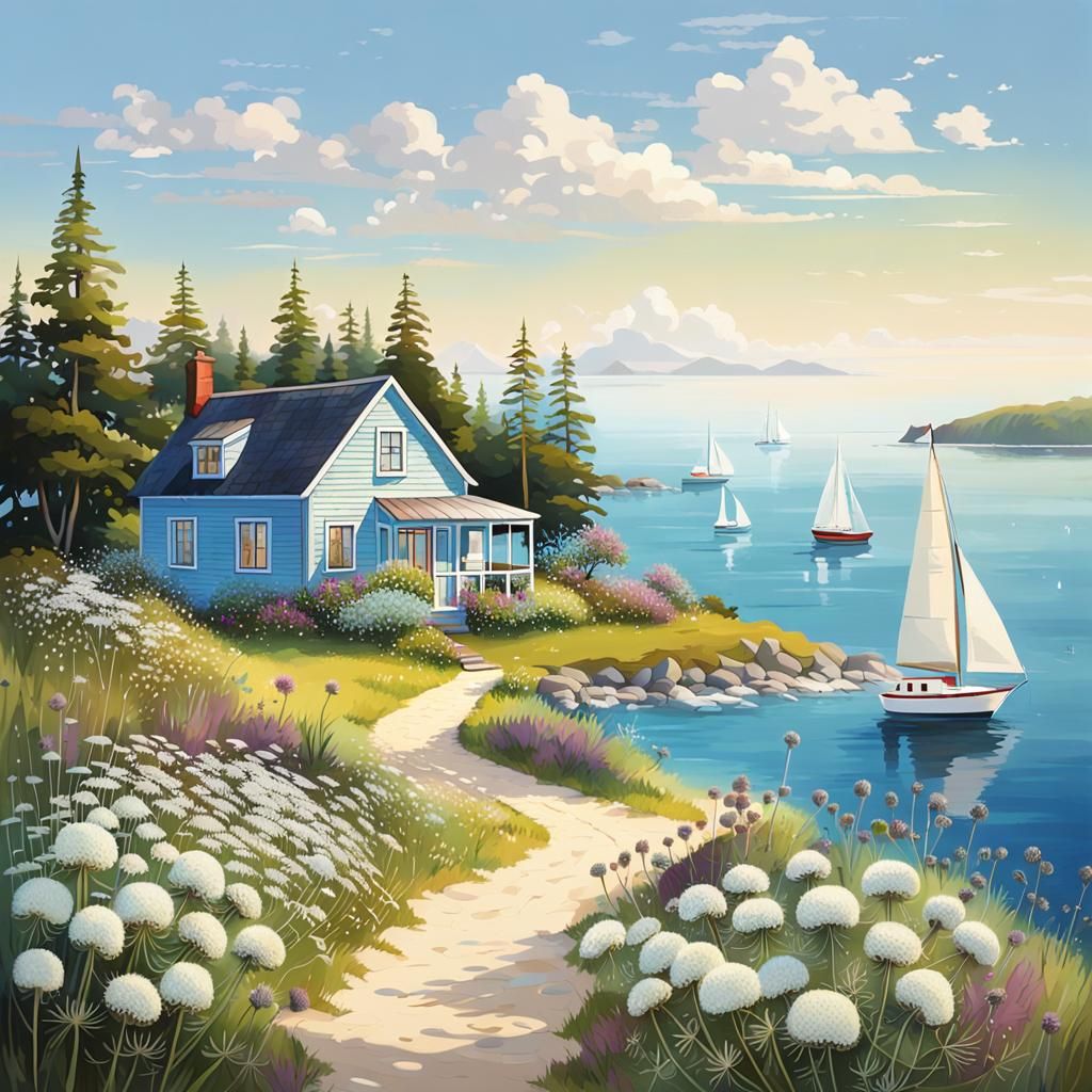 Island Cottage Scene with Family and Sailboat