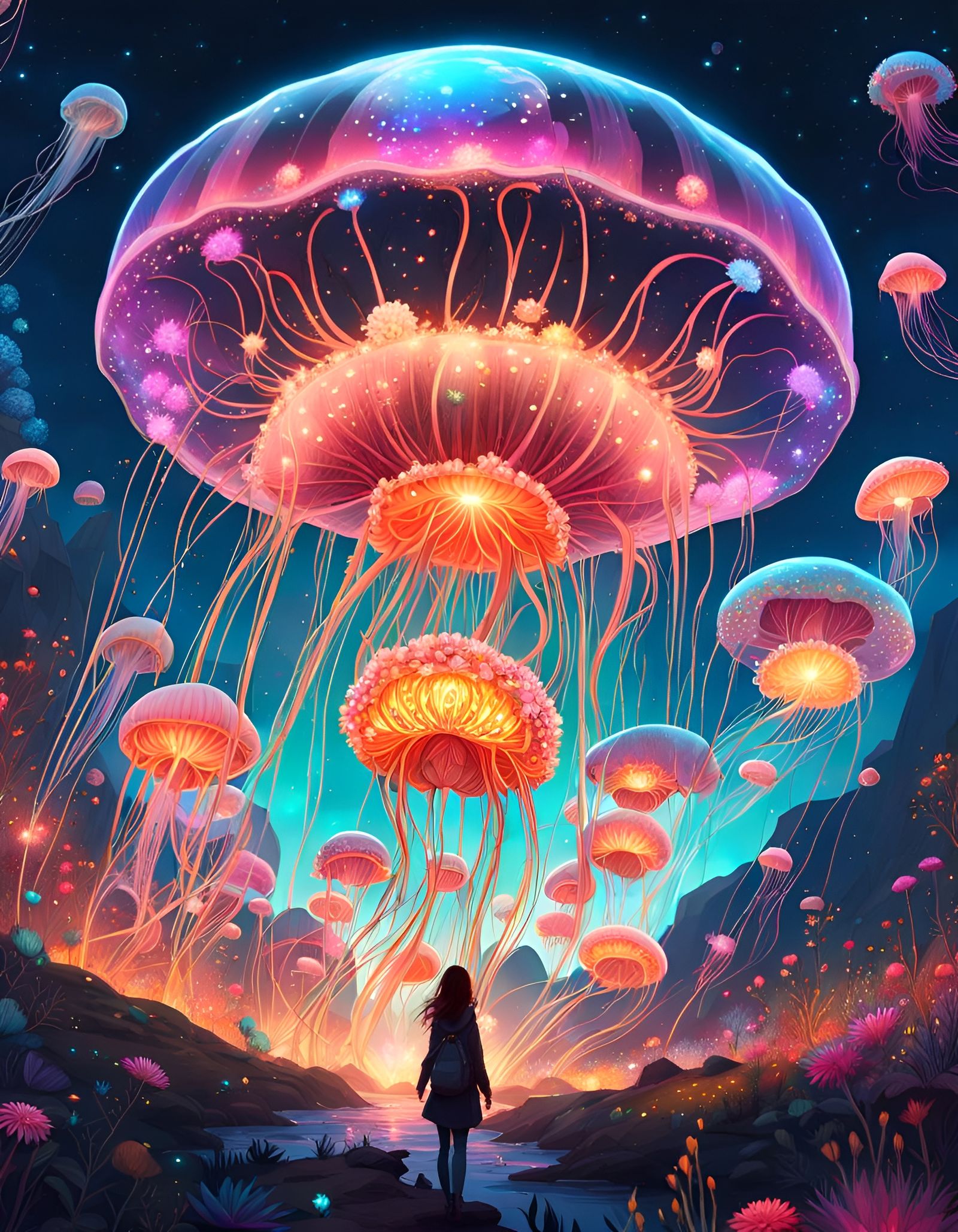 Bioluminescent Flowers Exploding from Codex, Fantasy Art