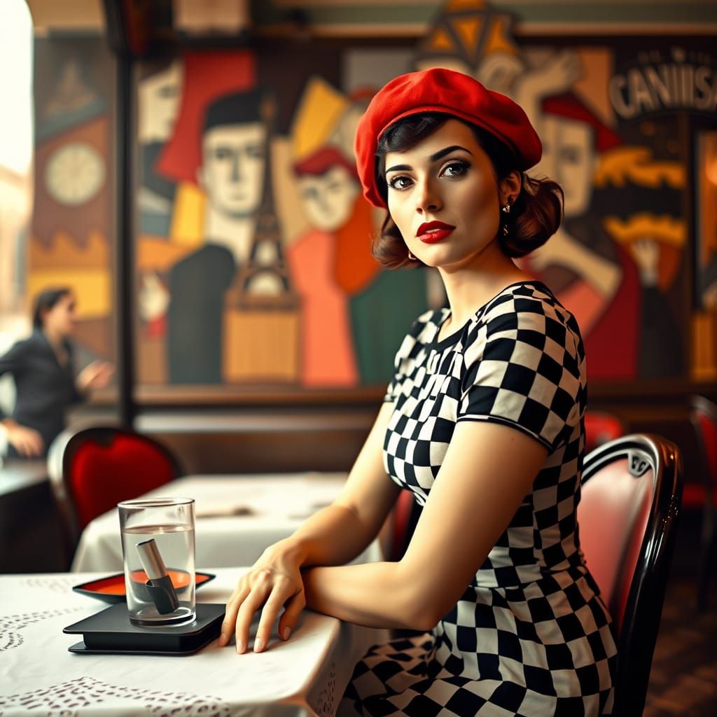 Parisian Woman in Red Beret, Checkered Dress, Cubist Style