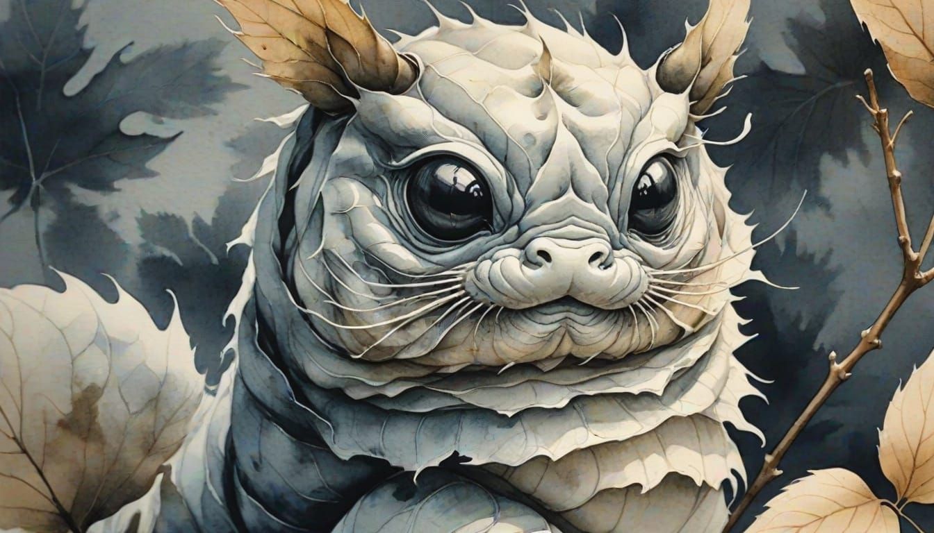 Larva on Leaf in Sumi-e Style