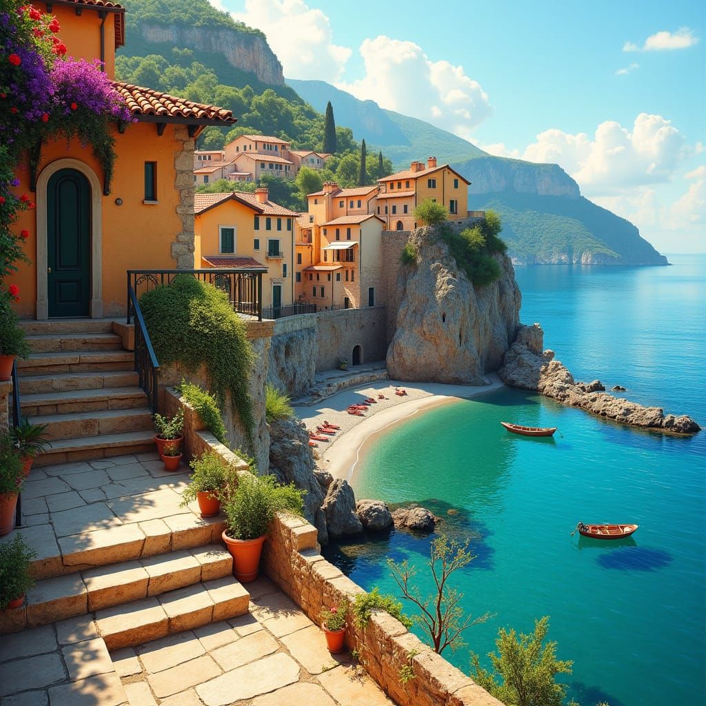 Mediterranean Village on Cliffside Overlooking Azure Sea