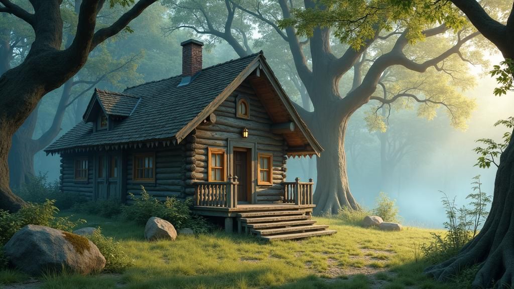 Ethereal Cabin in Mystical Forest at Sunset