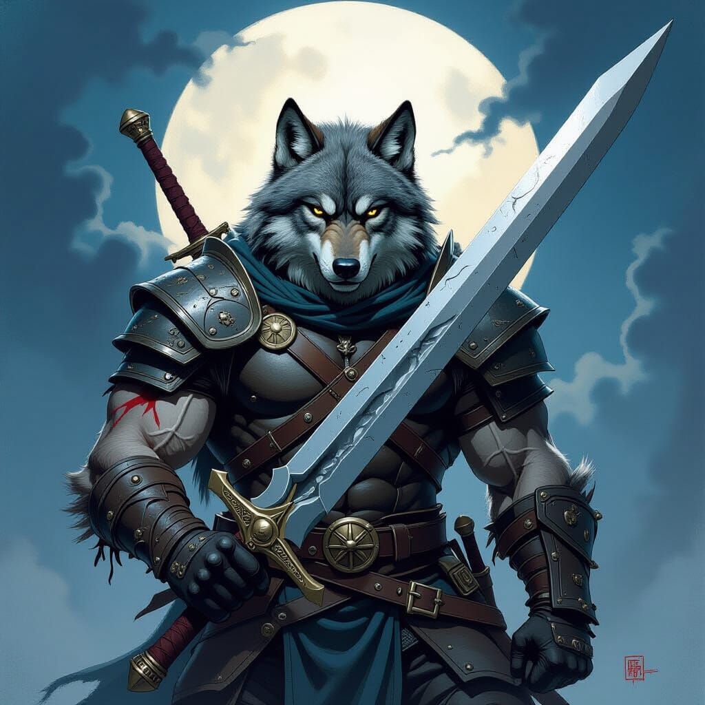 Wolf Warrior in Moonlit Battle Scene