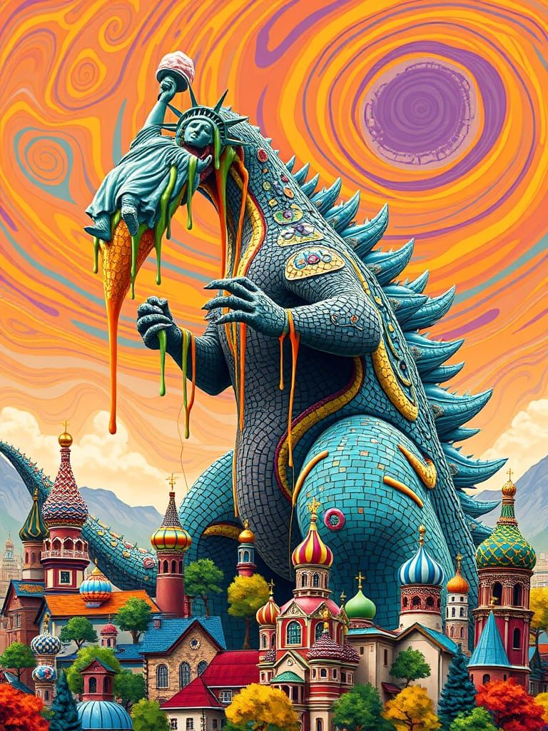 Godzilla Eats Liberty in Hundertwasser-Inspired Cityscape