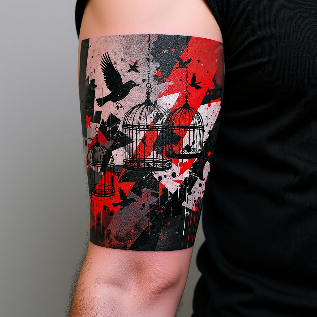 Abstract Trash Polka Art with Hidden Birdcages