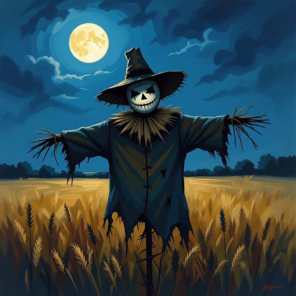 Sinister Scarecrow in Moonlit Field: Gouache Painting
