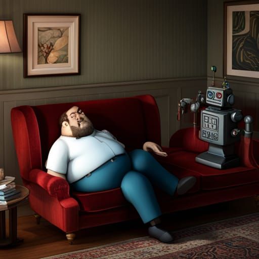 Robot Butler Attends Sleeping Man: Detailed Matte Painting