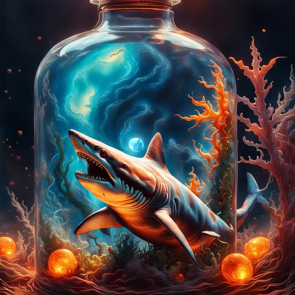 Shark Trapped in Mystical Glowing Bottle: Fantasy Art
