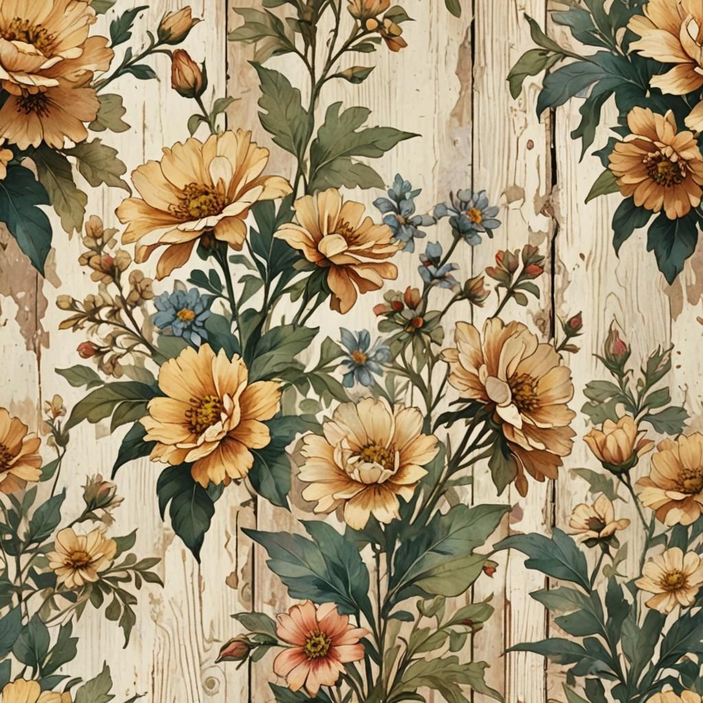 Vintage Wallpaper on Distressed Wood in Impressionist Style
