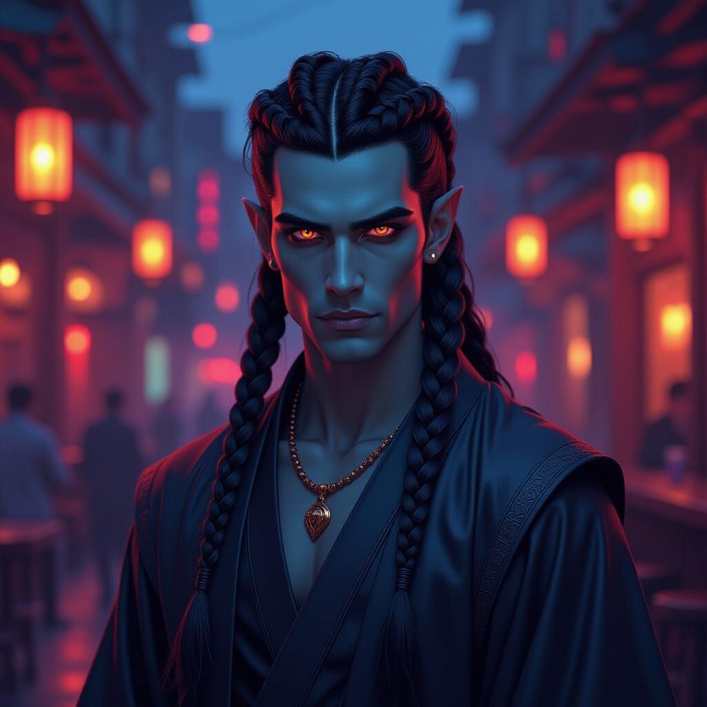 Handsome Alien Rogue in Neo-Noir Futuristic Bar