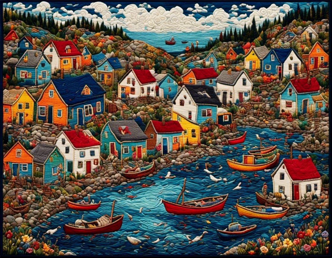 stitched quilt of a fishing village