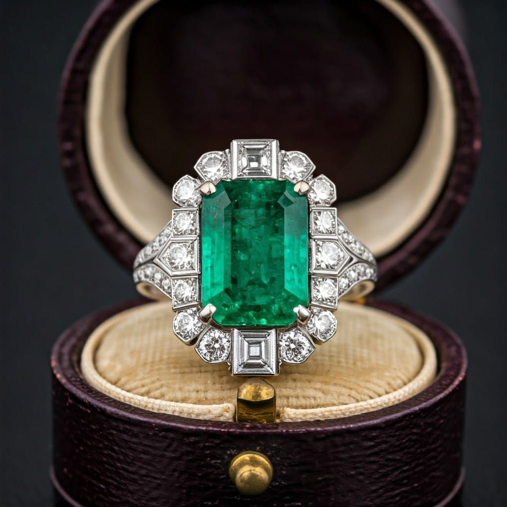 Art Deco Emerald and Diamond Platinum Ring in Opulent Style