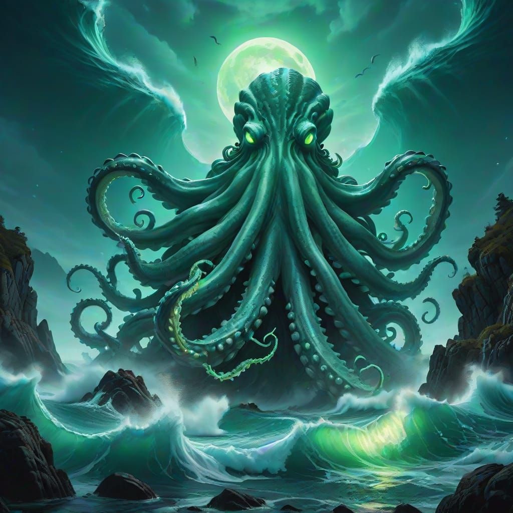 Giant Kraken Rising Under Green Moonlight