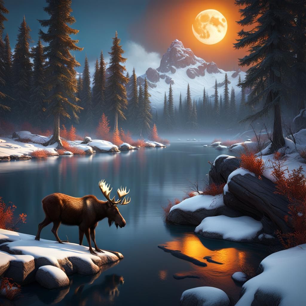 Moose by Blue River in Detailed Matte Painting