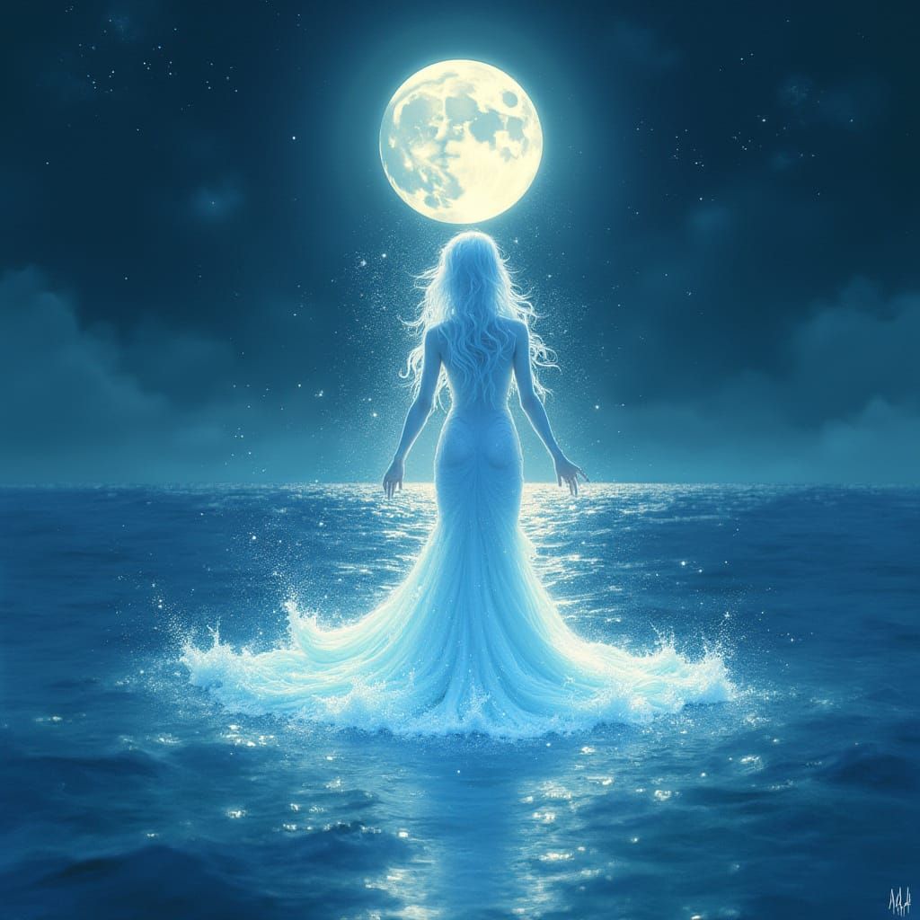 Ethereal Water Star Being Under Moonlight Ocean