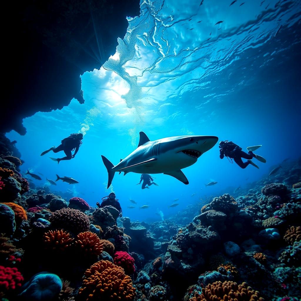 Hyper Realistic Shark Encounter in Vibrant Coral Reef