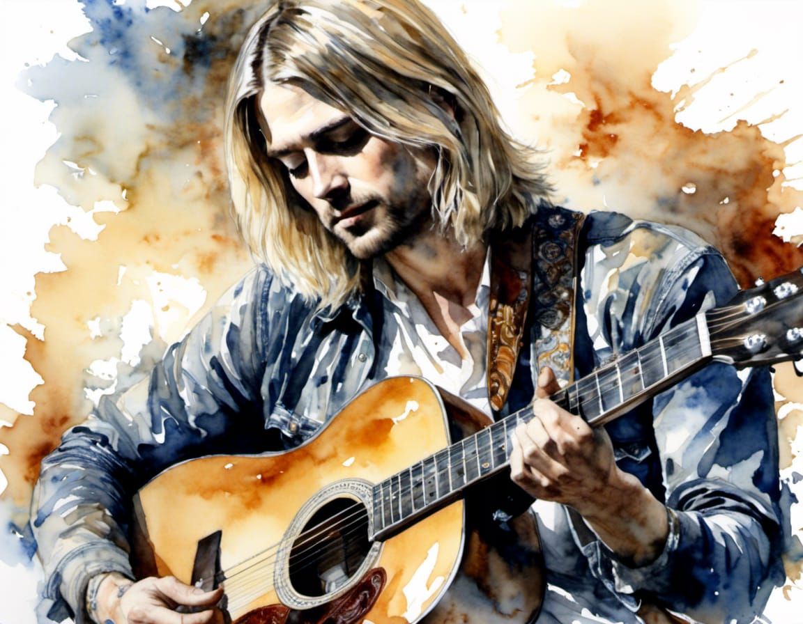 Kurt Cobain Acoustic Guitar Performance in Watercolor Style