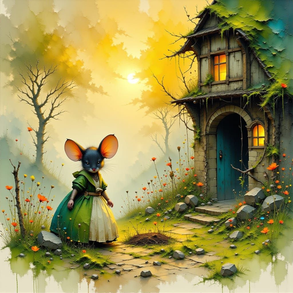 Mouse Creature Tends Glowing Garden by Mossy Cottage