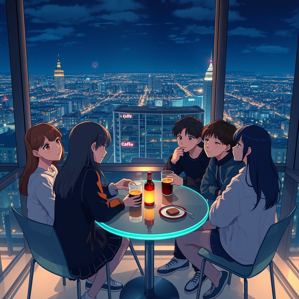 Anime Night Cafe Scene with Teenage Friends