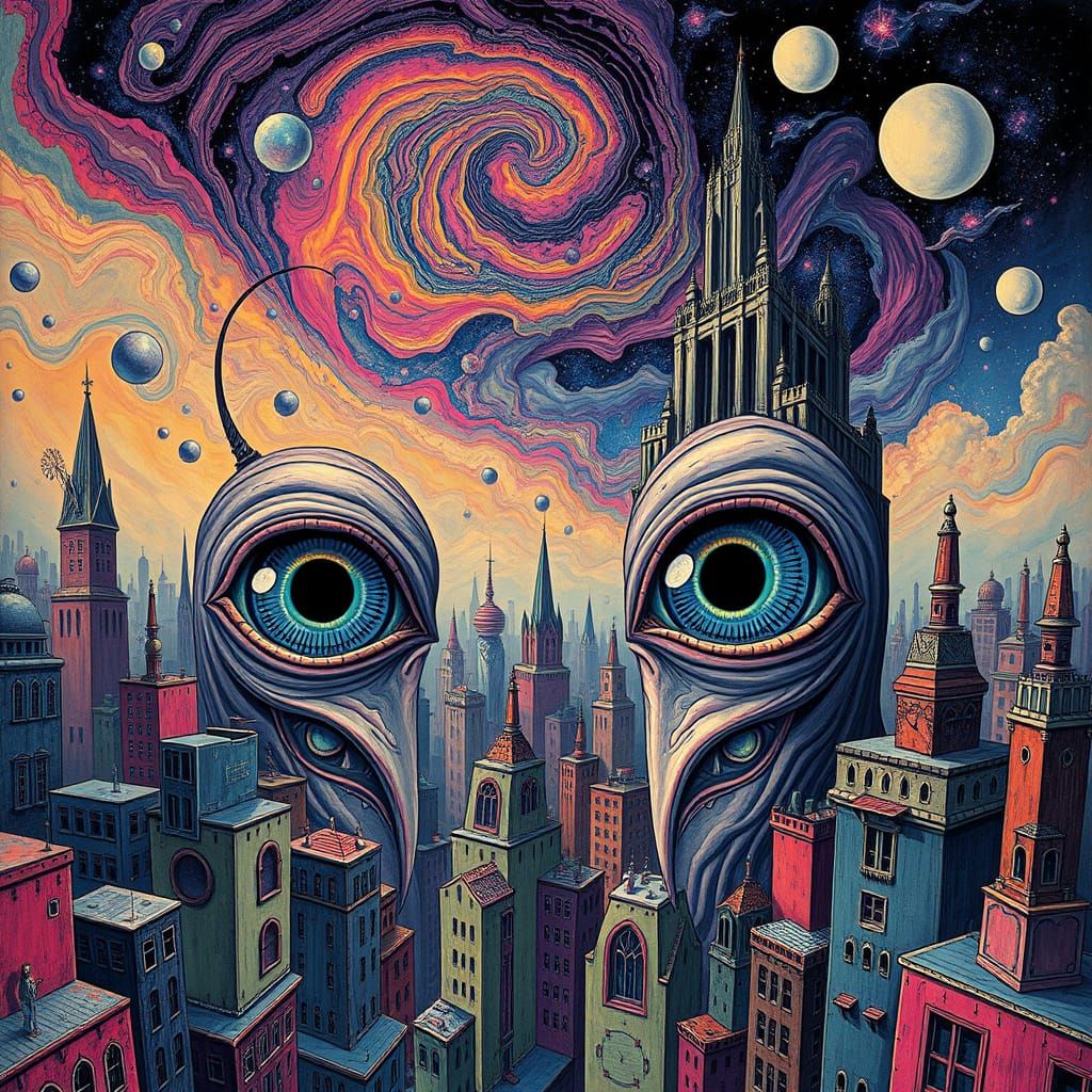 Surreal Eyes Gaze Over Wobbly Dystopian Cityscape