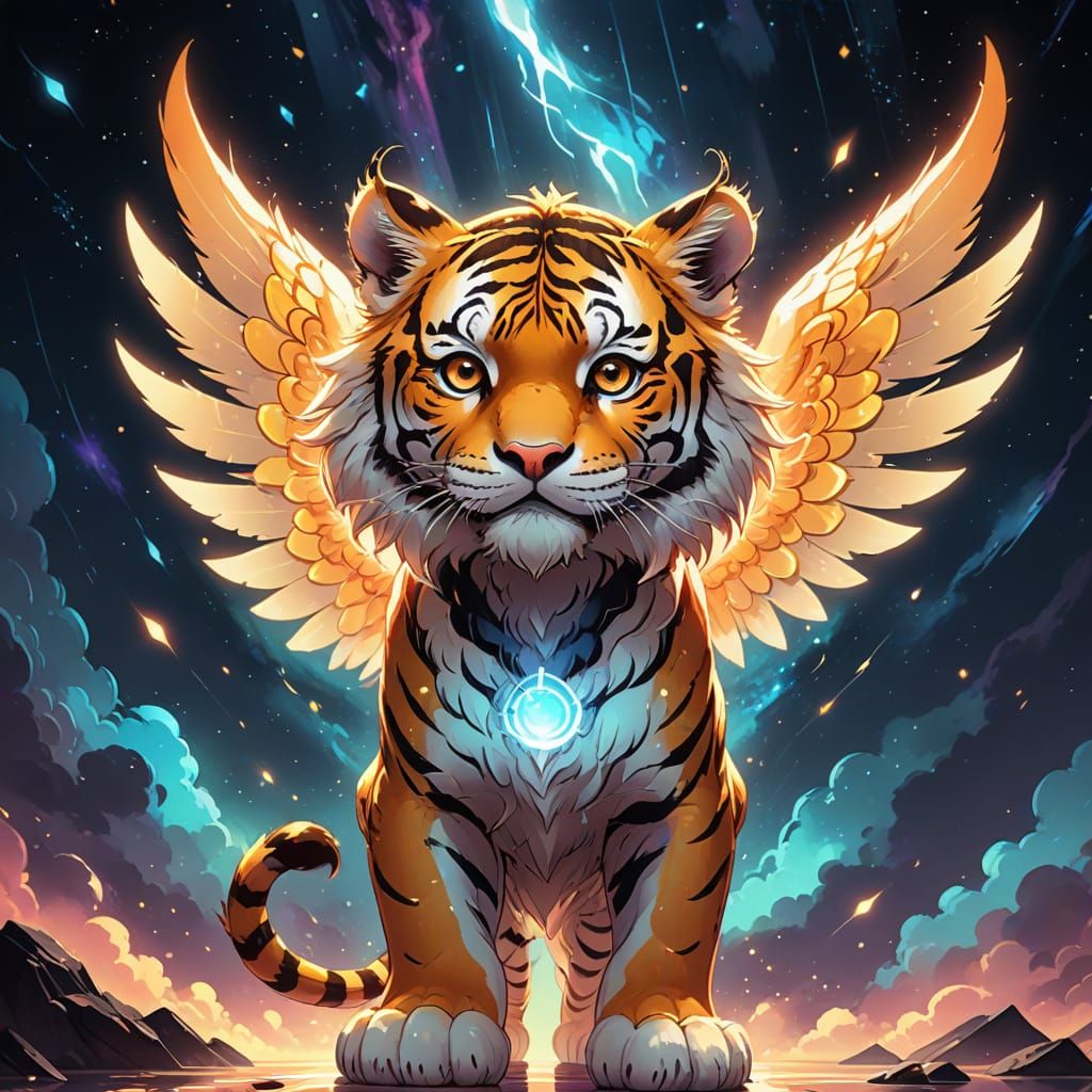 Vibrant Chibi Anime Tiger Soars in Celestial Aura