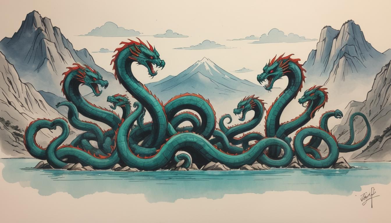Minimalist Ink Sketch of a Seven-Headed Hydra