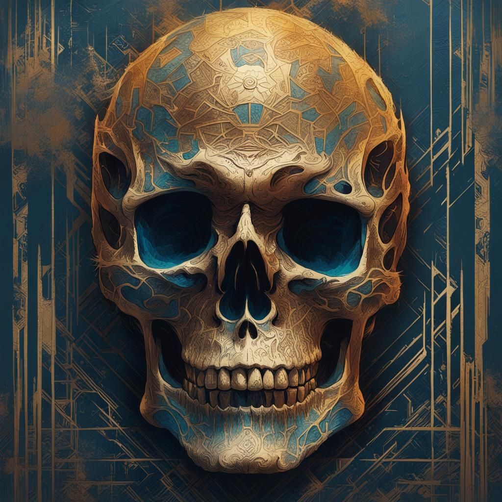 Intricate Skull with Gold and Blue Engravings
