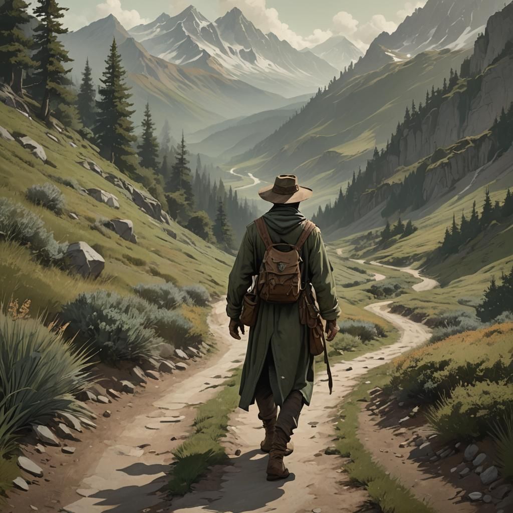 Wanderer on Path to Mountains: Cinematic Concept Art