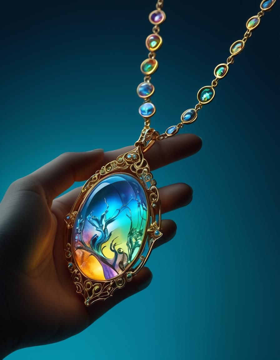 Surrealist Necklace with Iridescent Gemstone, Art Nouveau