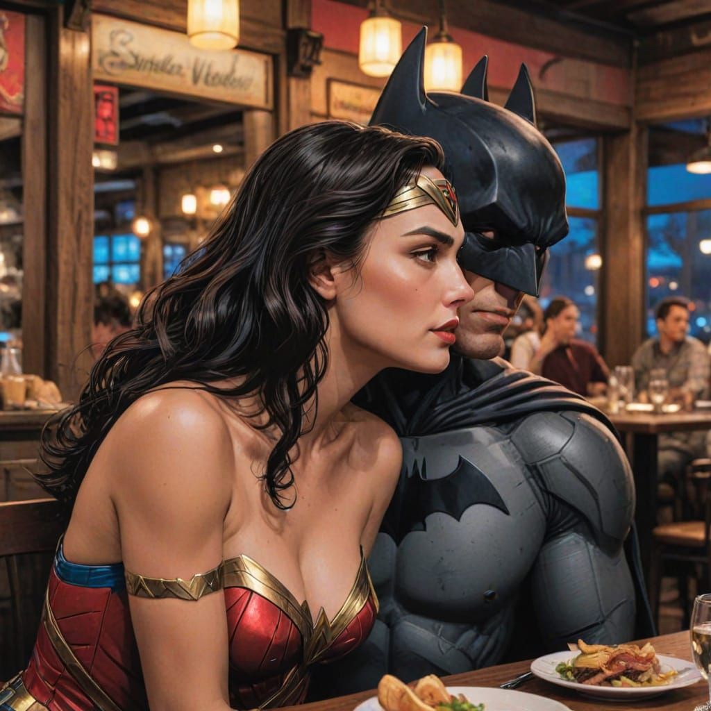 Passionate Wonder Woman and Batman in a Romantic Comic Art S...