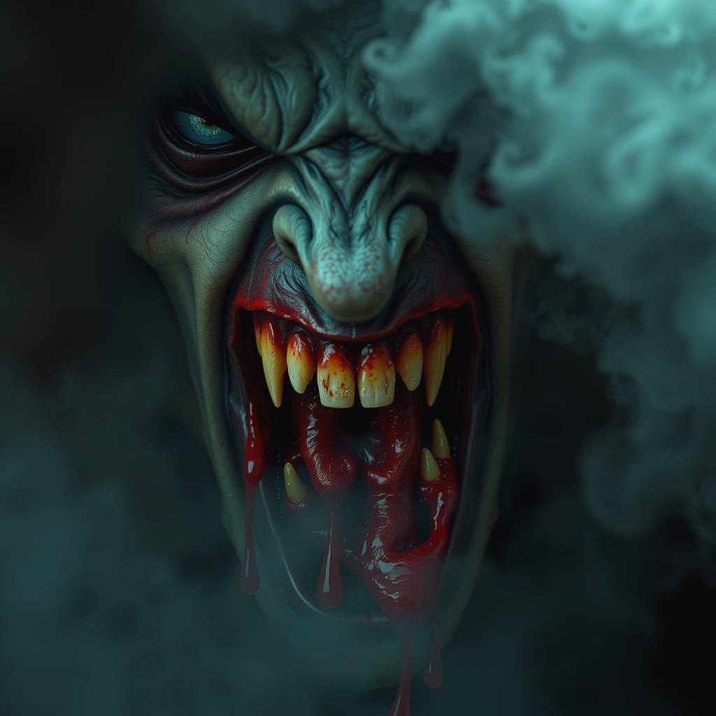 Hyperrealistic Vampire Face in Fog, Detailed Concept Art