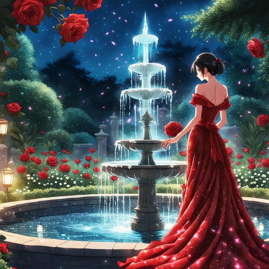 Glittery Red Roses with Anime Girl in Manga Style