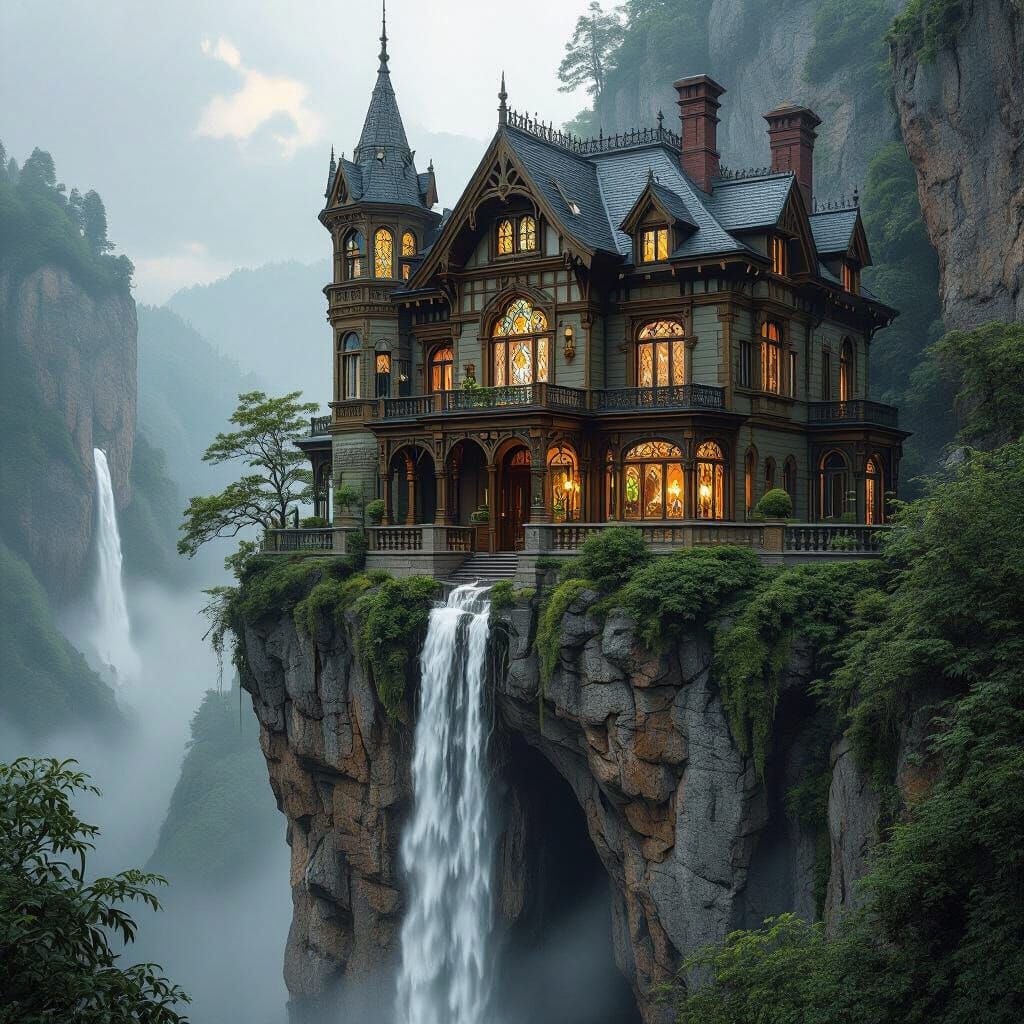 Victorian House Waterfall Cliffside in Romantic Style