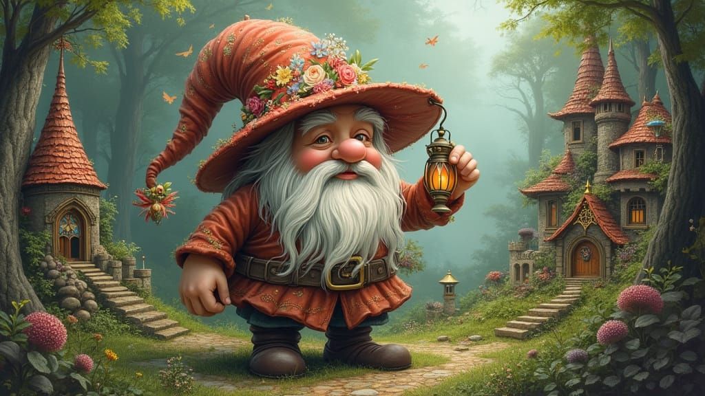Giant Gnome in a Miniature Village, Dreamlike Art