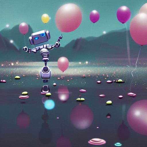 Cute Robot Soaring Skyward with Balloons