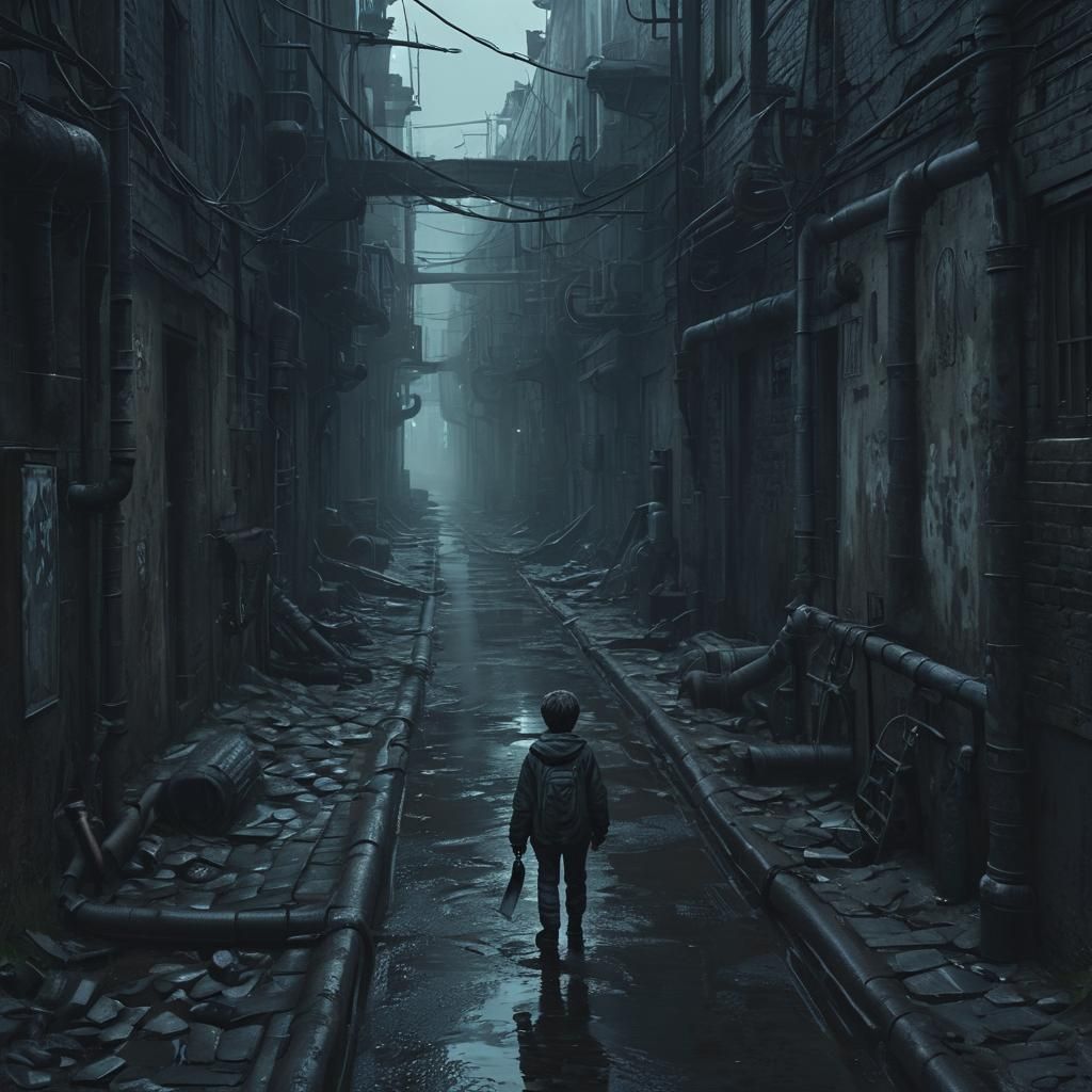 Eerie Alleyway Concept Art in Monochromatic Tones