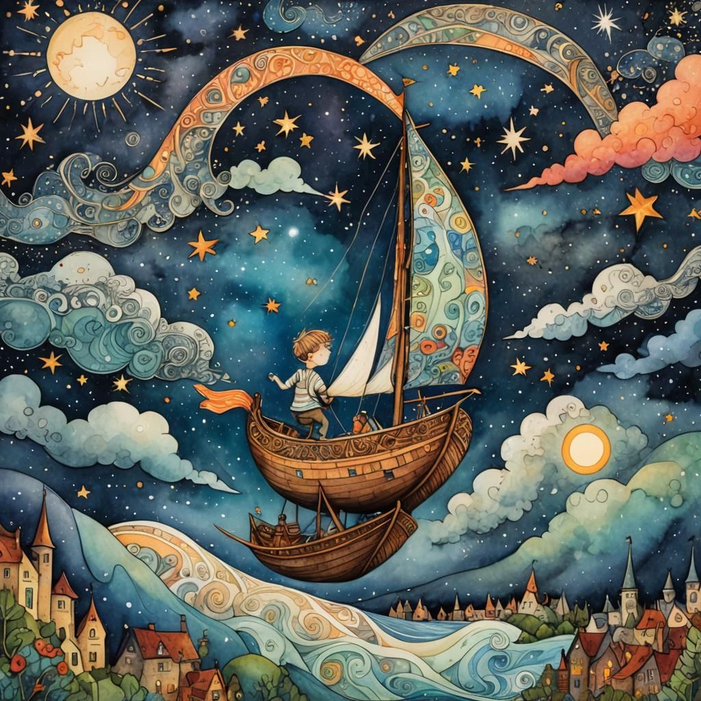 Boy Sails Sky-Boat on Star Trail: Surreal Folk Art