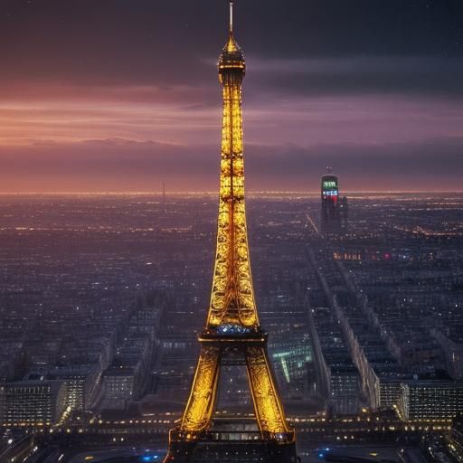 Gigantic Eiffel Tower at Night in Hyperrealistic Style