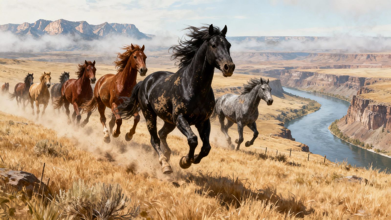 Wild Horses Galloping on High Plateau Overlooking Columbia R...