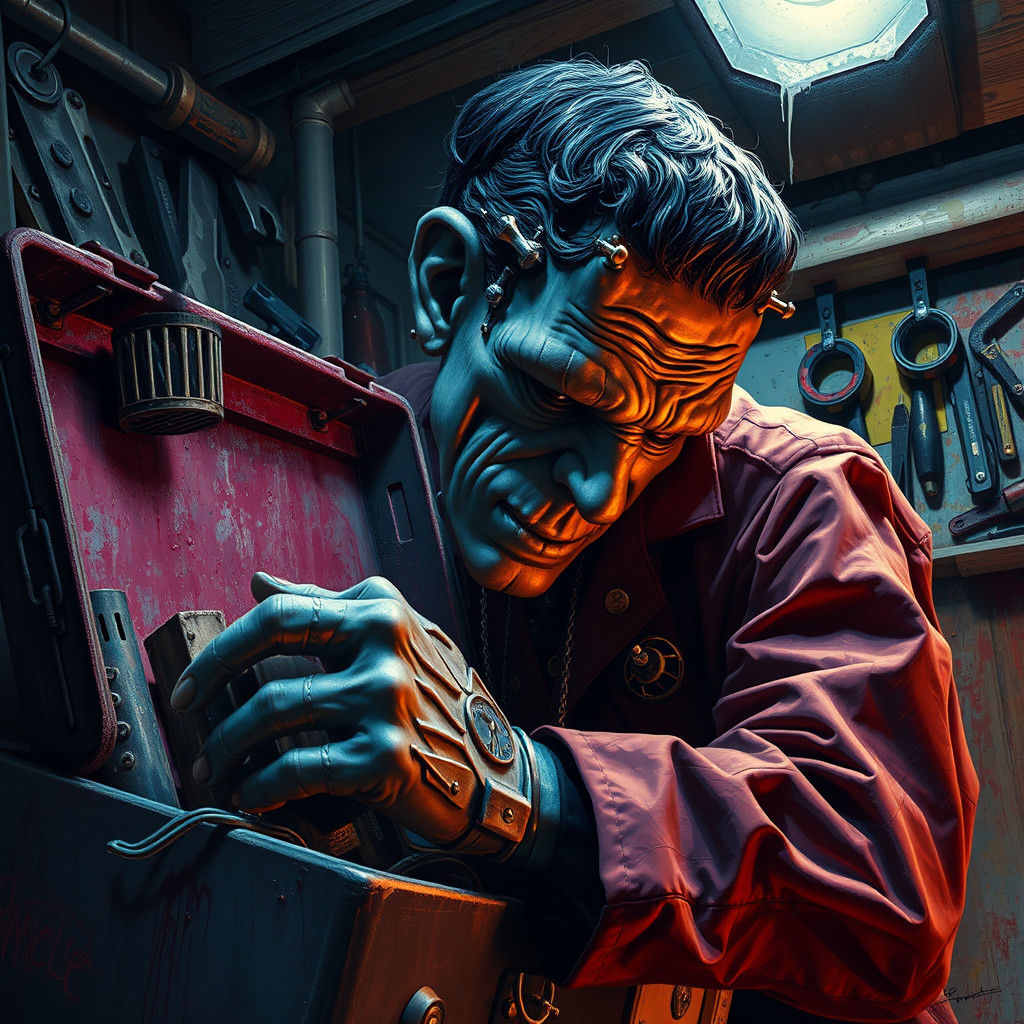 Hyperrealistic Frankenstein in Basement Toolbox Splash Art